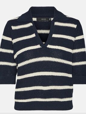 NEW Vero Moda VMamazing Navy & Cream Striped V-Neck Polo crop Sweater women’s XL